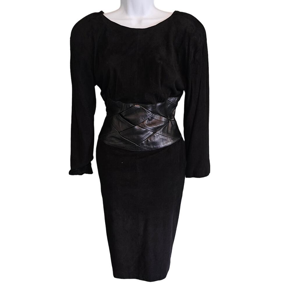 Erez Vintage Black Suede Dress with Woven Leather & Low Back Size 10